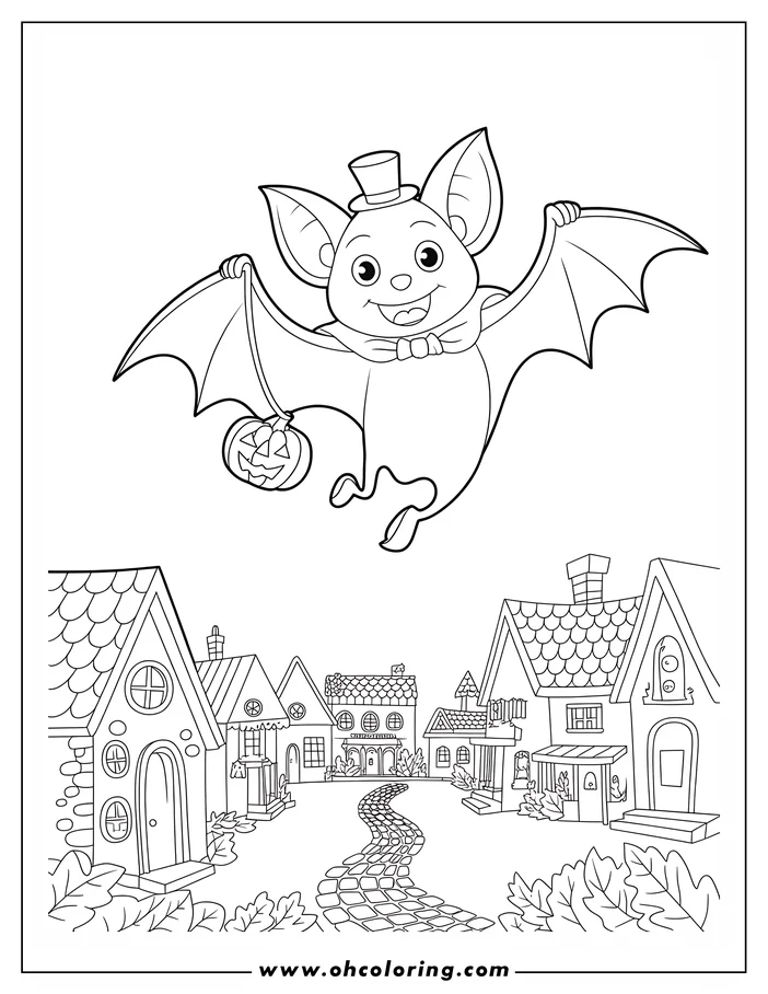 Line art of a cartoon bat wearing a top hat and bow tie, carrying a jack-o'-lantern and flying over a small town. Several houses with varying designs line a winding path. This is a Halloween-themed coloring sheet design.