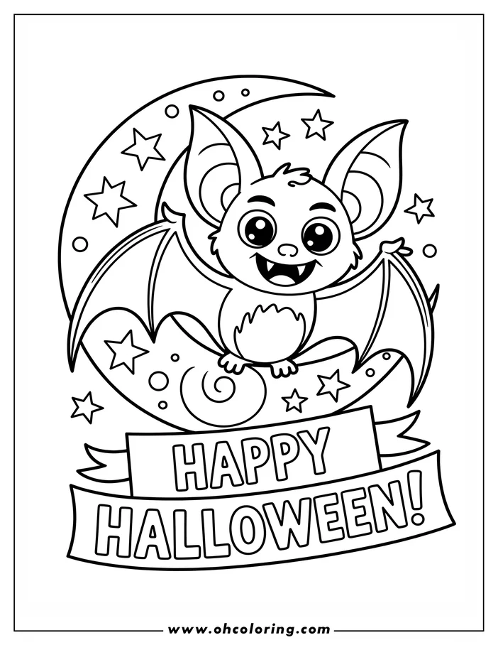 Line art of a cartoon bat sitting on a crescent moon. The bat has large, friendly eyes and spread wings.  Stars and circles decorate the moon, and a banner below reads "Happy Halloween." This drawing is a coloring sheet design.