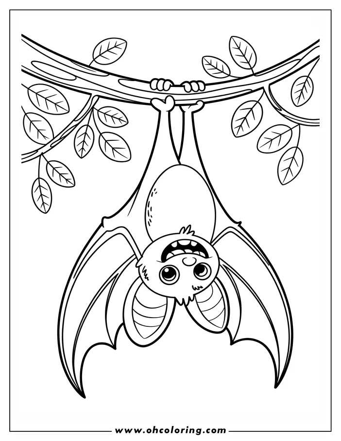 Simple coloring sheet design of a bat hanging upside down from a tree branch.  The bat has a happy expression and large wings. Leaves surround the bat on the branch.