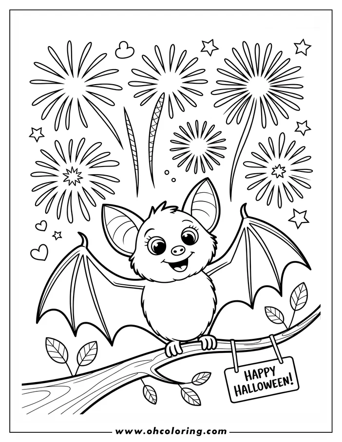 Line art of a cartoon bat hanging from a tree branch with outstretched wings and a happy expression. A 'Happy Halloween' sign dangles below, and fireworks burst in the background. This is a coloring sheet design, ideal for Halloween activities.