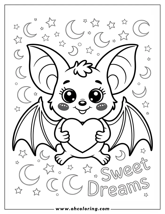 Line art of a cute cartoon bat holding a large heart, surrounded by stars and crescent moons. This coloring sheet design is perfect for kids.