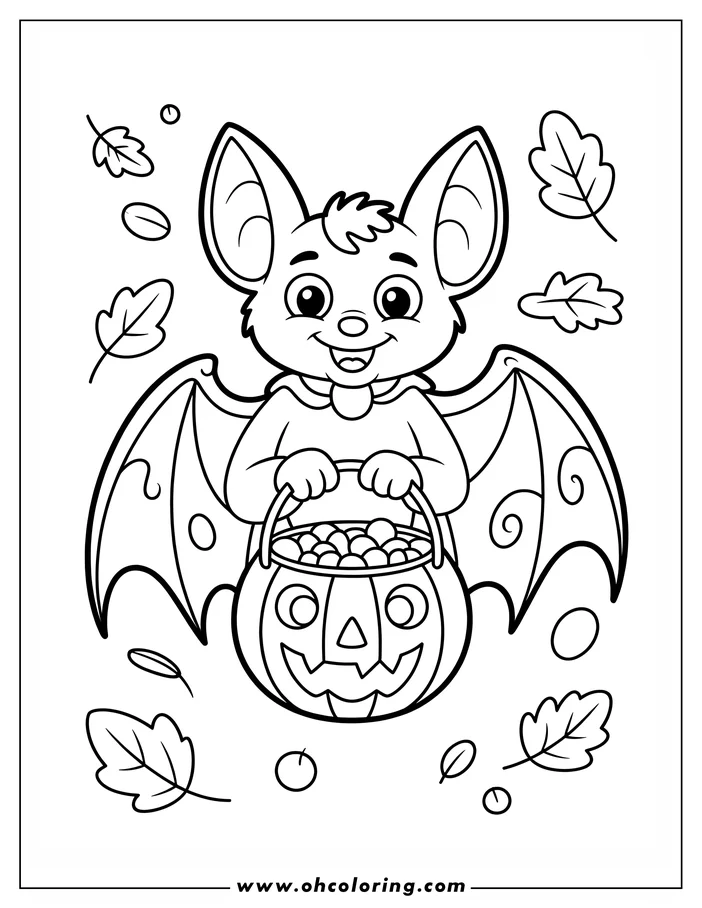 Line art of a friendly cartoon bat holding a pumpkin basket overflowing with Halloween treats.  The bat has large, outstretched wings, and is surrounded by falling autumn leaves. This design is a coloring sheet ready for printing and creative coloring fun.