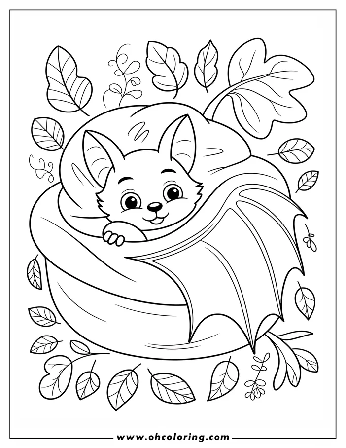 Line art of a cartoon bat peeking out from behind its wing, surrounded by leaves and vines. The bat has a happy expression and large eyes. This coloring sheet design is perfect for autumn or Halloween.