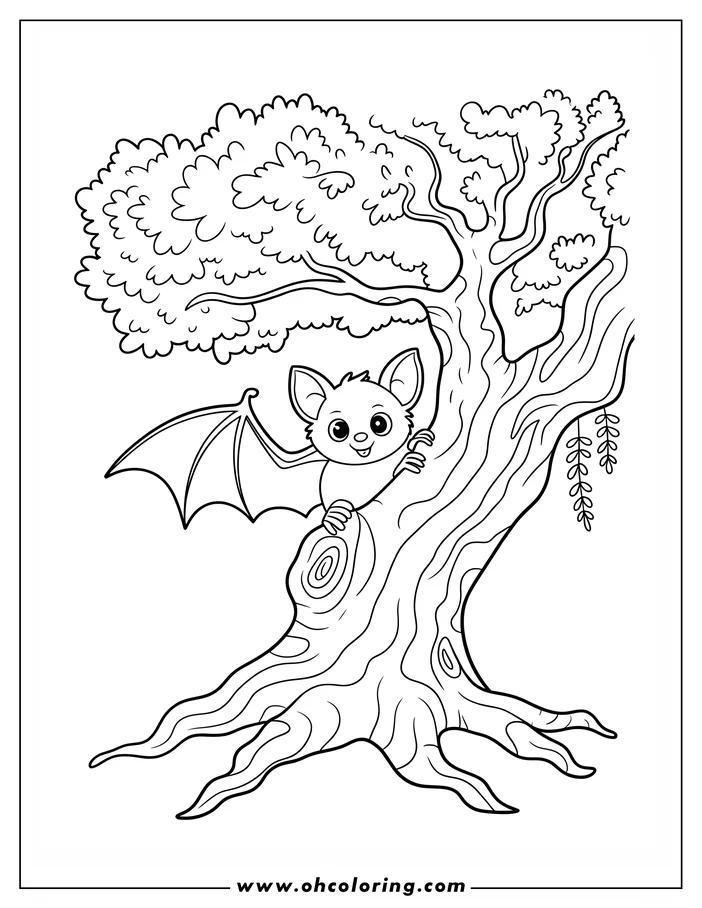 Line art of a cartoon bat clinging to the trunk of a large, leafy tree, designed as a coloring sheet. The bat has a friendly face and spread wings.