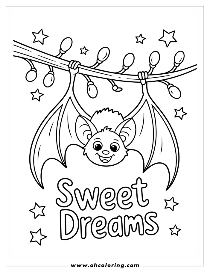 Line art of a cartoon bat hanging upside down from a branch with round objects on it, likely lights. The bat has a cheerful expression. Stars decorate the background. The words "Sweet Dreams" are written below. Design for a coloring sheet.