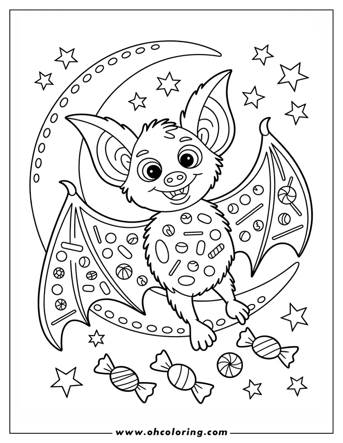 Line art of a smiling bat hanging from a crescent moon decorated with candies and treats. Stars surround the moon in this whimsical coloring page design.