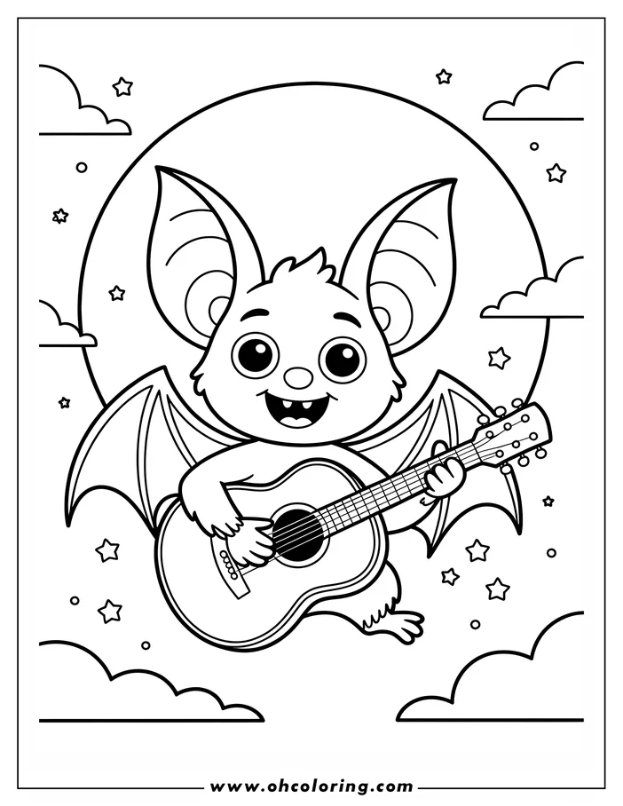 A simple, cartoon-style line drawing of a bat playing a guitar.  The bat is smiling and has large ears. Its wings are outstretched. Stars and stylized clouds are visible in the background, along with a large circle behind the bat. This is a coloring sheet design, perfect for kids.