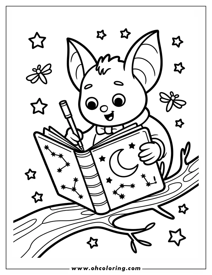 Line art of a cartoon bat sitting on a tree branch reading a book about the moon and stars. The bat is holding a pen, perhaps taking notes. Fireflies and stars decorate the background of this coloring sheet design.