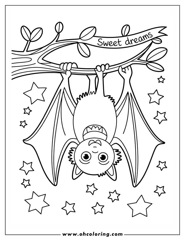 Line art of a cute cartoon bat hanging upside down from a tree branch, with a 'Sweet Dreams' banner above it and several stars scattered around. This simple drawing is designed as a coloring sheet for children.