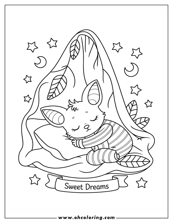 A cute cartoon bat in striped pajamas sleeps soundly under a blanket with leaf patterns, resting on a pillow with closed eyes, surrounded by crescent moons and stars. This line art is a printable coloring sheet design perfect for kids.