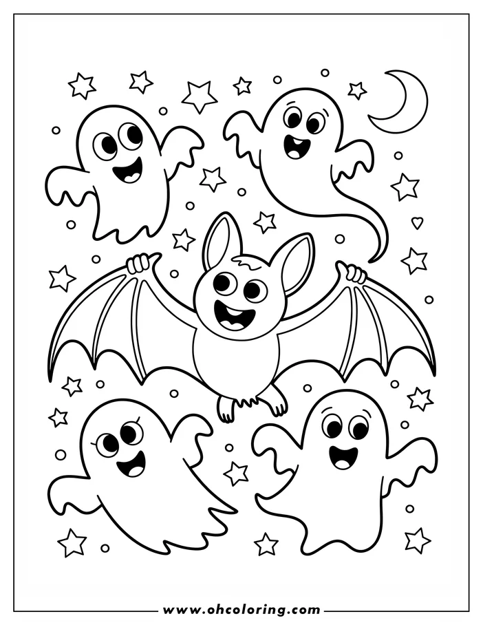 Line art of a cheerful bat surrounded by friendly ghosts. The scene is decorated with stars, circles, and a crescent moon, creating a Halloween coloring sheet design.