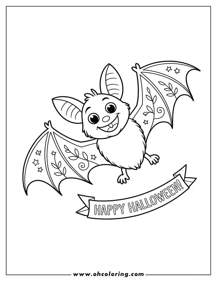 Line art of a friendly cartoon bat in flight, with a banner reading "Happy Halloween." Its wings are decorated with swirls, leaves, and stars, creating a fun design for coloring.