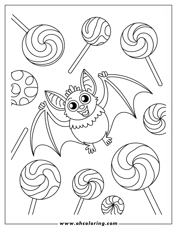 Line art of a cheerful cartoon bat flying among various lollipops, presented as a coloring sheet design. The bat has large, friendly eyes and a smiling mouth, and its wings are outstretched. This printable drawing makes a fun and engaging activity for kids and adults.