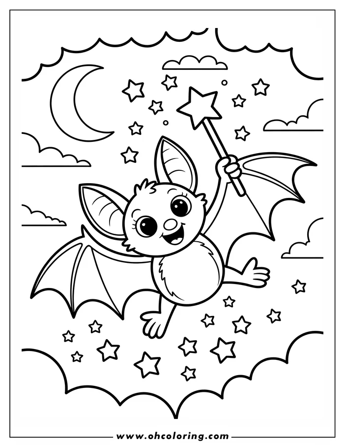 Line art of a cartoon bat flying in the night sky, holding a magic wand with a star.  A crescent moon and multiple stars shine in the sky behind it. The bat is smiling and appears to be enjoying its flight. Design for a coloring sheet.