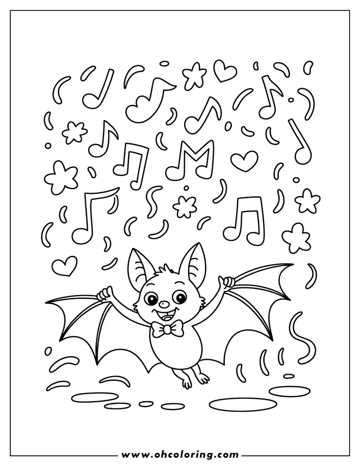 Line art of a cheerful cartoon bat flying amidst musical notes, hearts, and flowers. The bat wears a bow tie and has a wide smile. Its wings are outstretched, creating a playful and musical scene, ready for coloring.