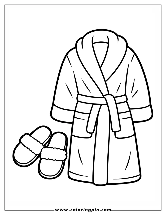 Outline of a bathrobe with a tie belt and a pair of fuzzy slippers. Perfect for a relaxing coloring activity.