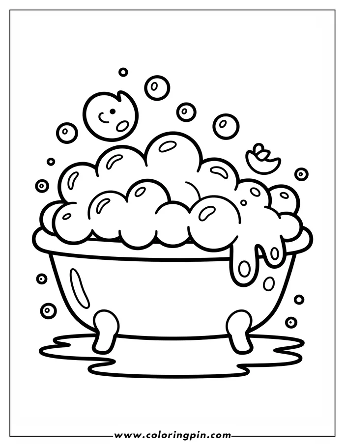 Line art of a bathtub overflowing with soap bubbles and a rubber ducky.