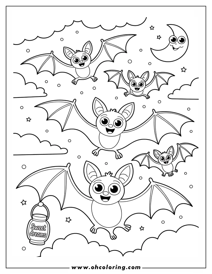 Line art of five cartoon bats flying in a night sky with a smiling crescent moon, stars, and clouds. One bat carries a lantern with the words "Sweet Dreams." Design for a coloring page.