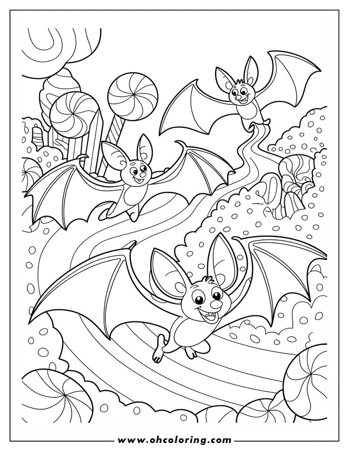 Line art of three playful cartoon bats flying amidst giant lollipops and candies.  The scene evokes a whimsical candy land setting, perfect for a children's coloring page.