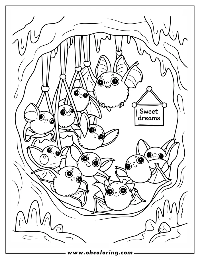 Line art of a group of cute cartoon bats hanging upside down in a cave. A sign reads "Sweet Dreams." This is a coloring sheet design, perfect for kids.