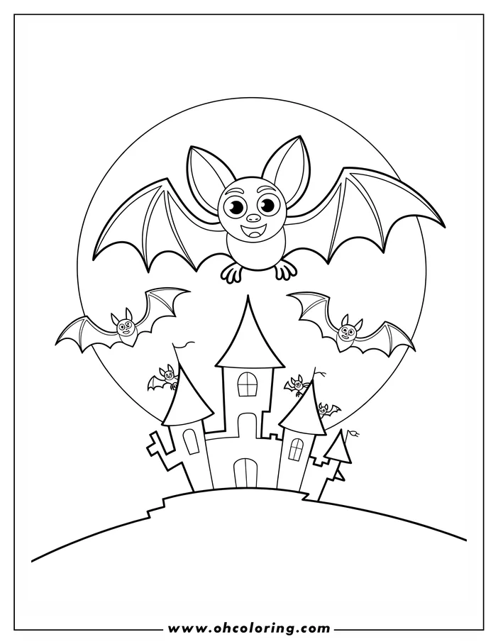 Line art of several cartoon bats flying over a spooky haunted castle under a full moon. The largest bat has wide, outstretched wings and a cheerful expression, designed as a Halloween coloring sheet.