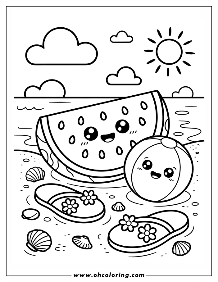 Kawaii line art of a beach ball and a watermelon slice on a sunny beach with flip-flops and seashells, designed as a children's coloring page.