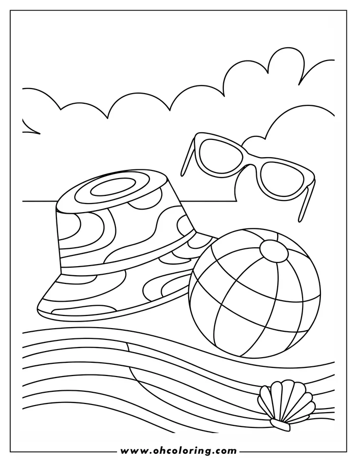 Line art of a beach ball on the sand with a bucket hat, sunglasses, and seashell. Wavy lines represent the ocean in this simple coloring page design.