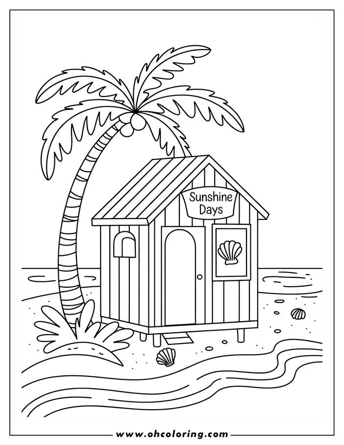 Outline of a beach hut on a sandy beach with a palm tree and seashells