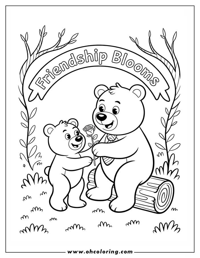 Two friendly bears sharing a rose. One bear sits on a log offering a rose to the other bear.