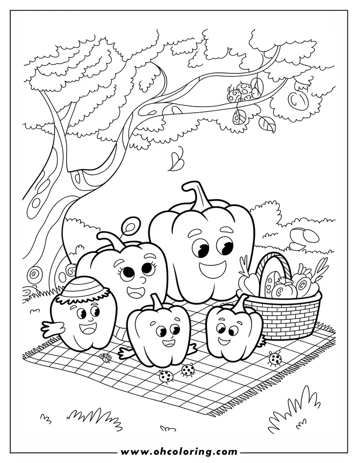 Line art depicts four anthropomorphic bell peppers having a picnic on a blanket. They have smiling faces and simple bodies. A basket of other vegetables is beside them. Ladybugs are scattered on the blanket and a stylized tree is in the background. This is a drawing for coloring.