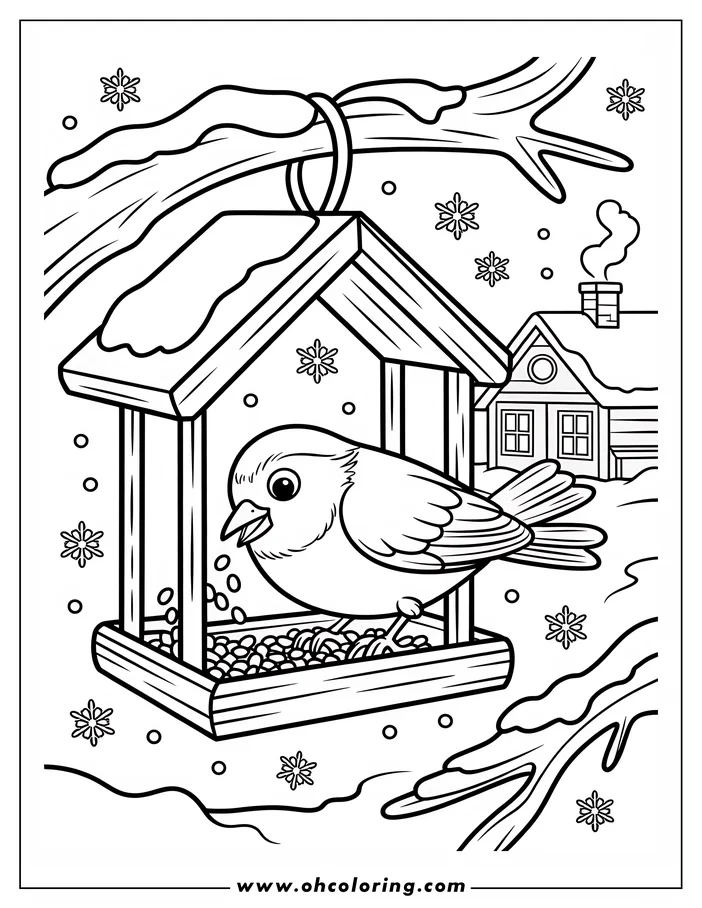 Line art of a bird eating seeds from a wooden birdhouse in a winter setting. Snow covers the birdhouse and tree branches, and a small house with smoke from its chimney is visible in the background. This is a coloring sheet design.