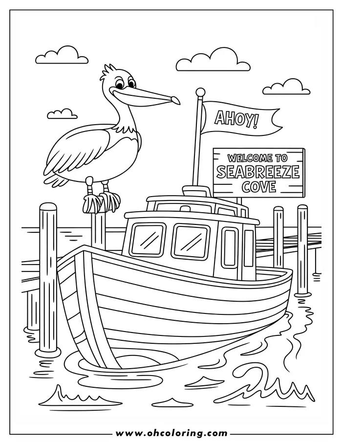 Line art of a boat at Seabreeze Cove with a pelican perched nearby.
