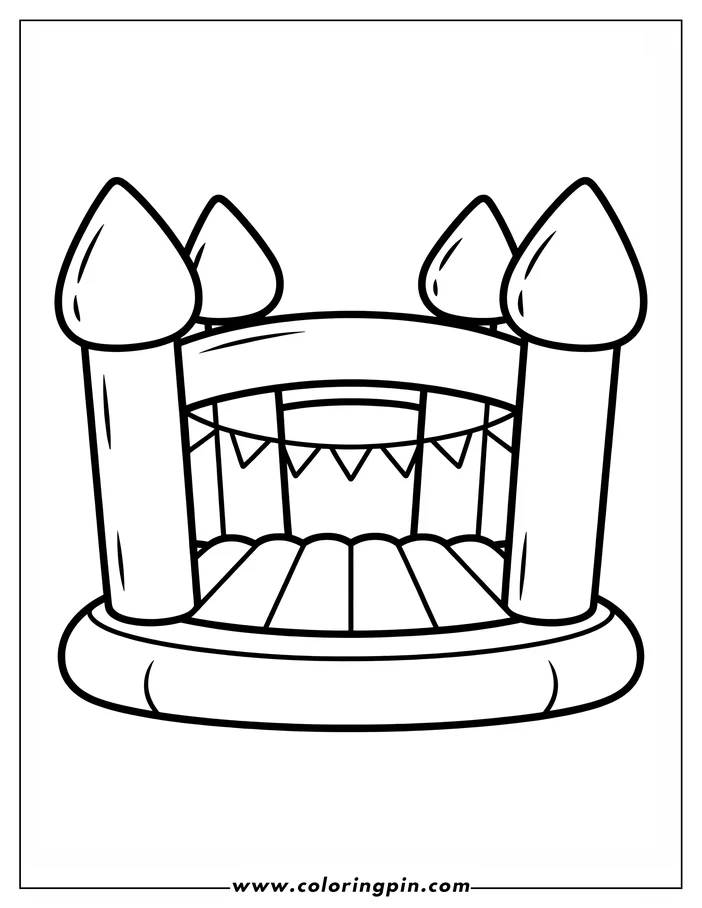 Outline of an inflatable bouncy castle with four pillars, a bouncy floor, and decorative flags.