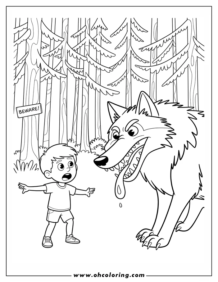 Line art of a boy encountering a large wolf in a forest. There's a "Beware!" sign on a nearby tree.