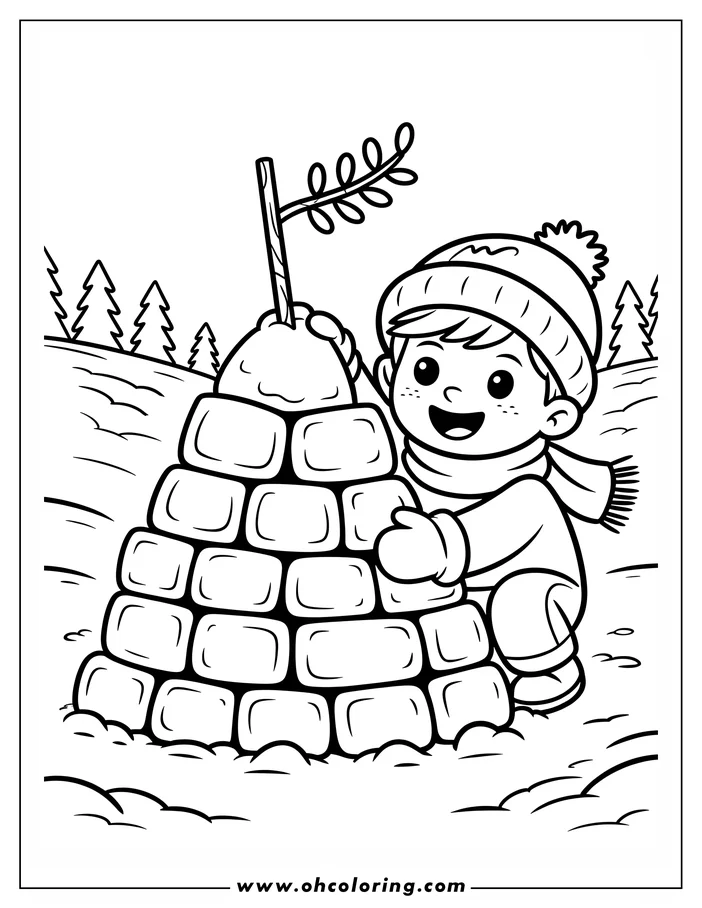 Line art of a boy building an igloo in a snowy landscape. He wears a winter hat, scarf, and mittens. The igloo is made of packed snow blocks. A small branch with leaves is placed on top. Snow-covered trees are in the background, creating a winter scene coloring sheet design.