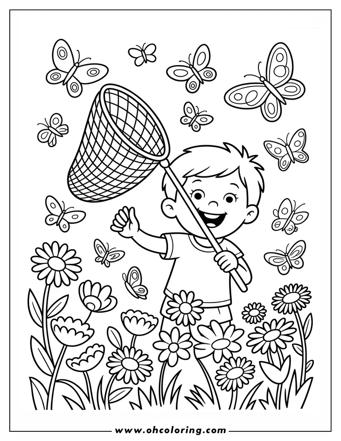 Line art of a boy with a butterfly net trying to catch butterflies in a summer meadow filled with flowers.