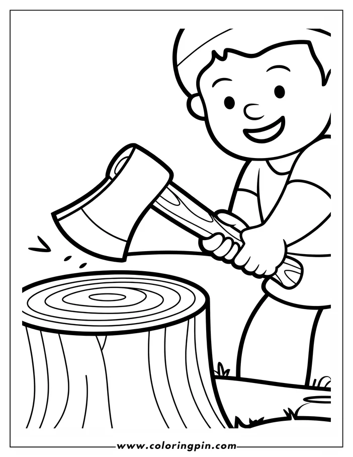 Outline of a smiling boy swinging an axe to chop wood on a tree stump