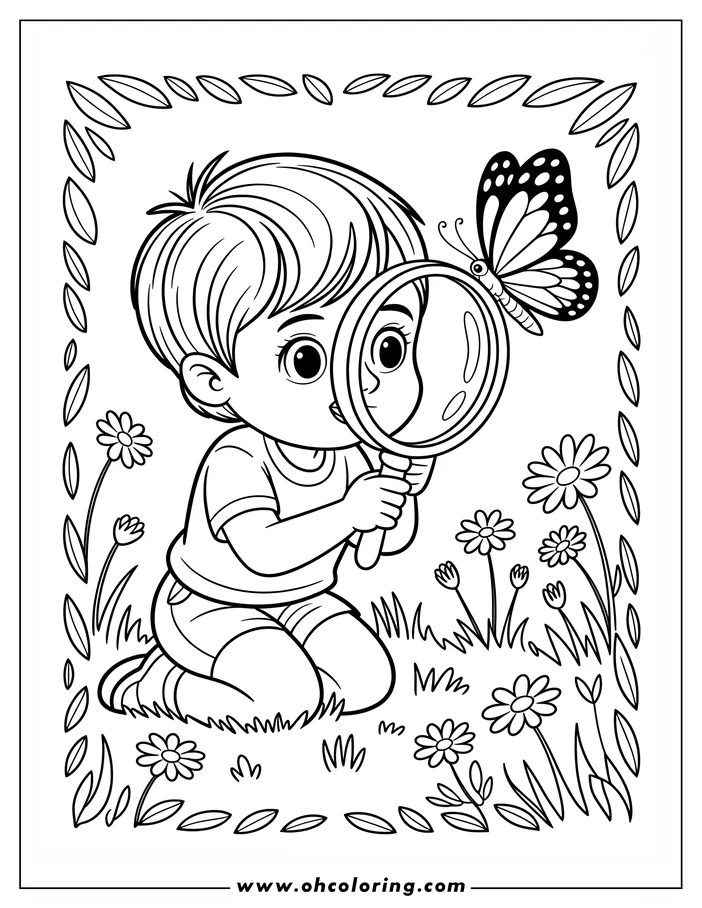 Line art of a boy examining a butterfly with a magnifying glass. He is kneeling in the grass surrounded by daisies and other small plants, creating a nature-themed coloring sheet design.