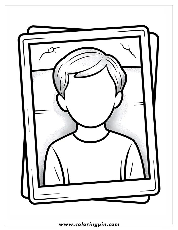 Line art of a boy in a slightly cracked photo.