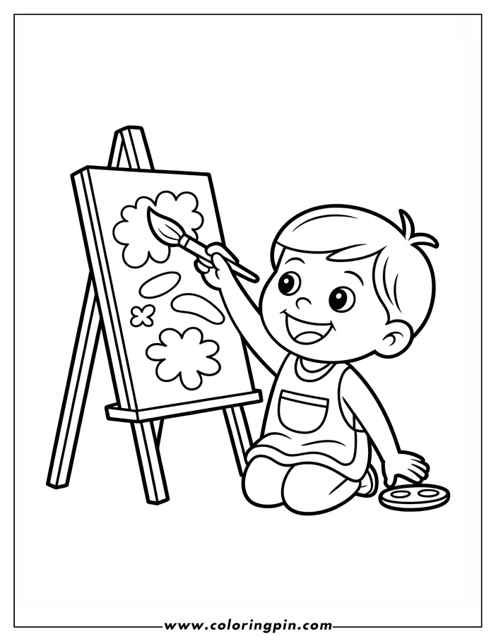 Outline of a young boy painting on an easel with a paintbrush. He has a palette beside him.