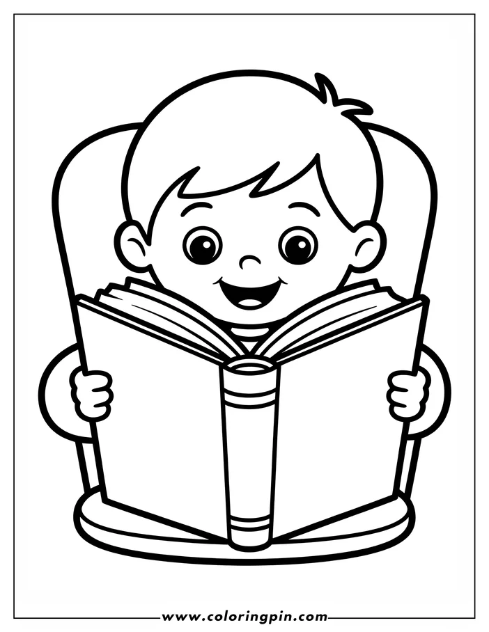 Outline of a young boy sitting and reading a book with a happy expression