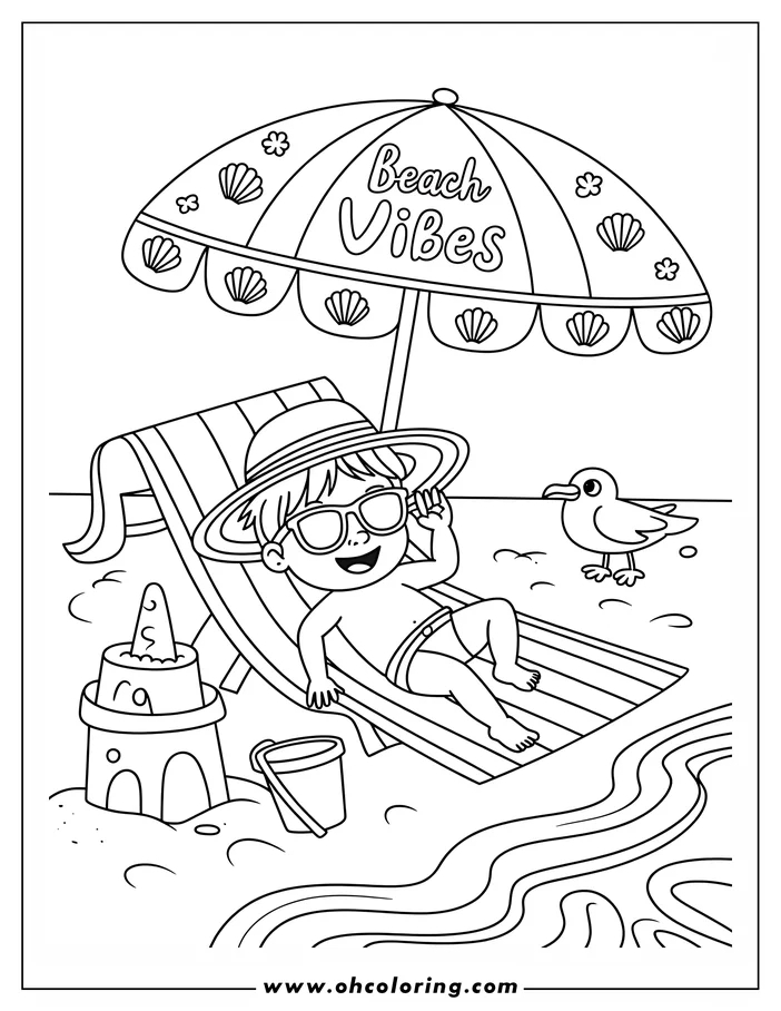 Line art of a boy relaxing on a beach chair under a beach umbrella. A seagull stands nearby, and beach toys are placed by the chair.