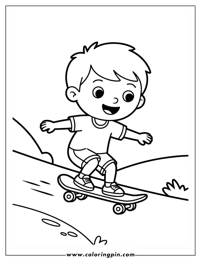 Outline of a boy skateboarding. He's wearing a t-shirt and shorts and has a happy expression on his face.
