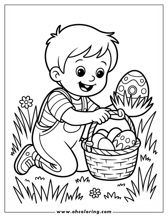 Line art of a boy kneeling with an Easter basket.  He is placing a decorated egg into the basket, which already contains several other eggs. Flowers and grass are visible around him. This is a coloring sheet design.