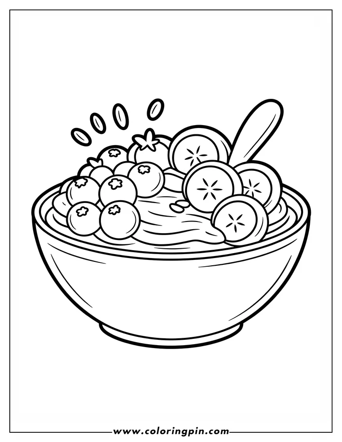 Line art of a breakfast bowl filled with creamy food, topped with blueberries and sliced kiwi fruit, and a spoon resting on the side.