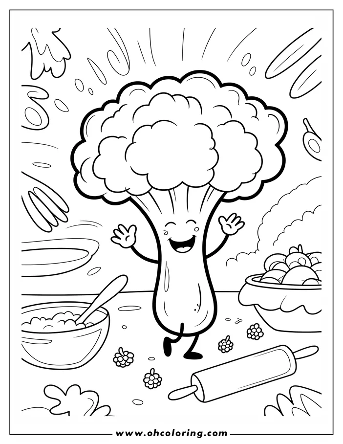 Cartoon line art of a happy broccoli dancing amongst cooking ingredients like a fruit salad, a bowl of batter, blackberries, and a rolling pin.  This coloring sheet design shows the broccoli with arms, legs, and a large smile, giving it a playful, animated style.