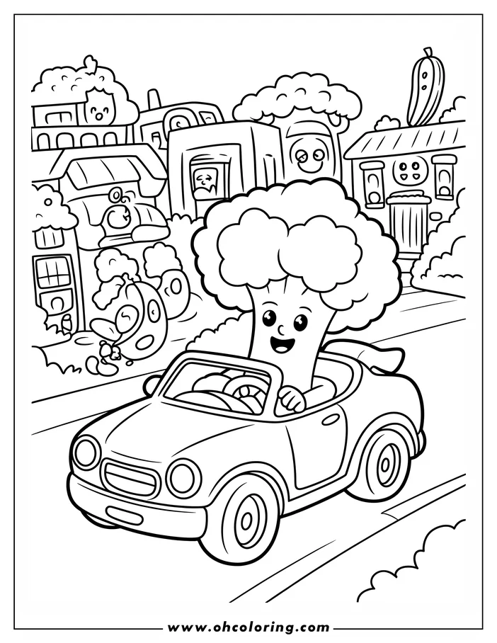 Line art of a smiling head of broccoli driving a convertible car down a street. Whimsical buildings with faces and other vegetables are seen in the background. This is a drawing for coloring.