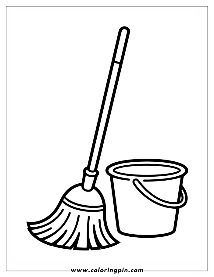 Line art of a broom and bucket, ready to be colored.
