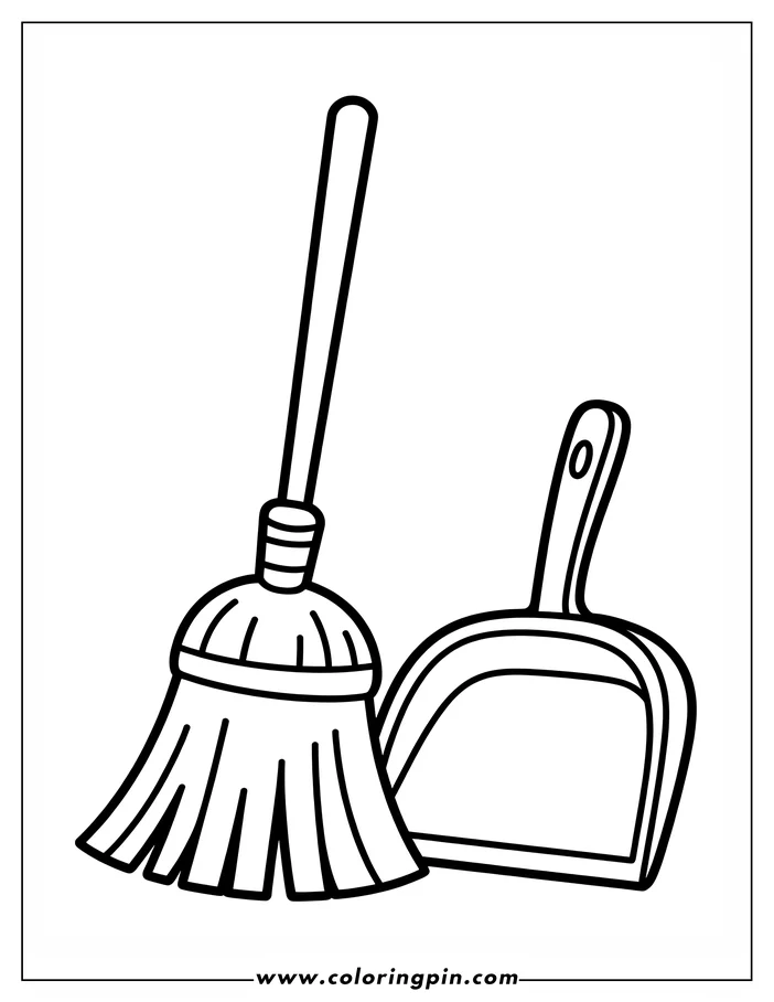 Line art of a broom and dustpan. The broom has a long handle and bristles, while the dustpan has a handle and a scoop.