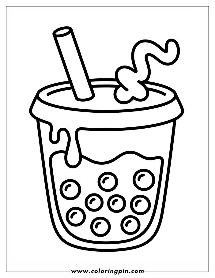 Line art of a cup of bubble tea with tapioca pearls and a straw.